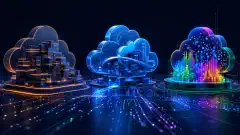 An abstract digital illustration featuring three distinct cloud structures representing AWS, Azure, and Google Cloud, illuminated in vibrant colors against a dark background.