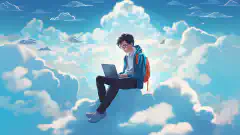 An animated student exploring the vast Azure cloud with a laptop in hand.