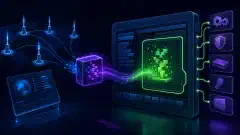 An abstract digital representation of a Beacon Object File execution, showing a dynamic flow of data within a computer interface against a dark background, with vibrant colors illustrating the concept of in-memory code execution.