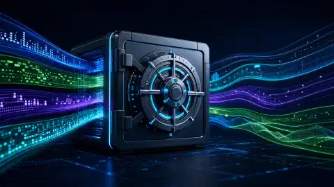 An illustration of a modern digital vault surrounded by colorful data streams, representing classified information. The background is dark, highlighting the vibrant colors of the data flowing around the vault.