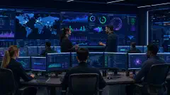 A cybersecurity operations center with diverse professionals monitoring multiple screens displaying data analytics and dashboards in a dark navy environment. The screens have vibrant colors.