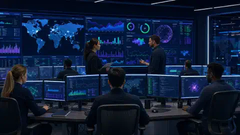 A cybersecurity operations center with diverse professionals monitoring multiple screens displaying data analytics and dashboards in a dark navy environment. The screens have vibrant colors.