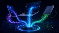 A digital illustration of various devices like a smartphone and laptop, surrounded by bright streams of data flowing from them, set against a dark background. The colors are vibrant blues, greens, and purples.