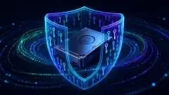 An abstract illustration of a disk drive surrounded by glowing encryption keys and digital locks, with swirling data streams and binary code patterns on a deep navy background.