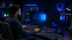 A technician of diverse background sits at a desk with a desktop monitor showing a Windows update screen, surrounded by tech gadgets, in a dark setting with vibrant blue and green accents.