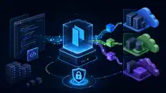 An illustration showing the process of creating machine images, with servers and abstract cloud icons representing AWS, Azure, and VMware. The background is dark, with vibrant colors highlighting the elements.