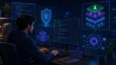 A software developer at a high-tech workstation, surrounded by holographic displays of Python code and security concepts. The scene features vibrant colors against a dark background, illustrating a focus on secure programming.