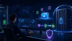 An illustration of a secure digital workspace with a locked server, glowing encrypted files, and an employee monitoring data on a computer, set against a dark navy background with vibrant accents.