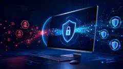An illustration of a computer screen displaying a futuristic privacy browser interface with abstract symbols of data protection and encryption against a dark navy background.