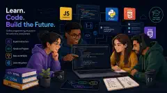 A diverse group of people collaborating on programming education, with a laptop showing code and colorful icons representing programming languages in a dark background.