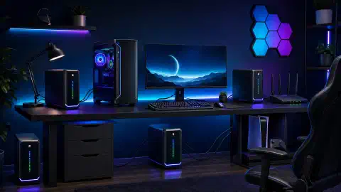 A modern home office illustration showing multiple sleek Uninterruptible Power Supplies (UPS) connected to various devices like a computer, monitor, router, and gaming console, set against a dark background.