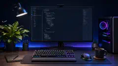 A modern workspace illustration showing a desktop with a monitor displaying colorful C++ code snippets, a mechanical keyboard, high-tech mouse, a plant, and a coffee cup, all on a dark navy background.