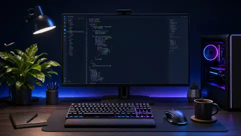 A modern workspace illustration showing a desktop with a monitor displaying colorful C++ code snippets, a mechanical keyboard, high-tech mouse, a plant, and a coffee cup, all on a dark navy background.