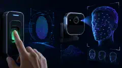 The image shows a fingerprint scanner and a facial recognition camera against a dark background. Vibrant colors highlight the devices, showcasing details like fingerprint patterns and facial features.