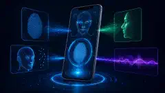 An illustration of a futuristic smartphone with a holographic fingerprint and facial recognition interface, surrounded by colorful biometric data visuals like fingerprints and voice waveforms on a dark background.