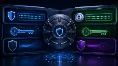 A digital vault interface showcasing colorful sections for different password managers, surrounded by representations of complex passwords and cryptographic keys on a dark background.