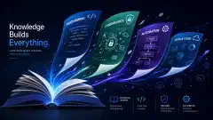 An open book with flying pages, each page visually representing topics like Cybersecurity and Programming against a dark background. The pages are decorated with abstract tech visuals.