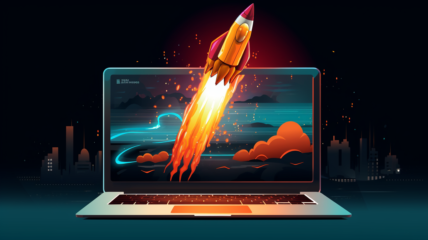 A rocket speeding ahead of a computers terminal window with code on it.