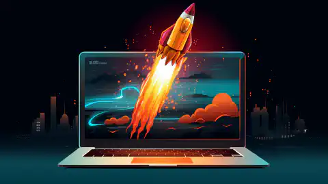A rocket speeding ahead of a computers terminal window with code on it.