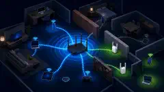 An illustration of a central WiFi router with colorful signal waves extending outward, surrounded by walls and furniture. There are abstract devices connecting to the router, showing strong and weak signals.