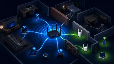 An illustration of a central WiFi router with colorful signal waves extending outward, surrounded by walls and furniture. There are abstract devices connecting to the router, showing strong and weak signals.