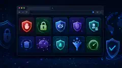 A dark illustration of a web browser interface featuring colorful icons for various privacy and security plugins, arranged artistically against a navy background.