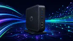 An illustration of an HP t740 Thin Client with network ports and abstract shapes representing data flow, set against a deep navy background with vibrant colors.