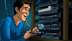 A cartoon-style illustration of a smiling person easily connecting network cables to an HP t740 router