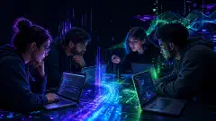 A group of diverse individuals, including men and women of various ethnicities, are gathered around laptops, analyzing code and discussing cybersecurity vulnerabilities. The background is dark with vibrant neon colors.