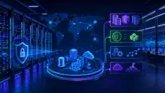 A futuristic data center filled with glowing servers and network devices, illustrated in vibrant colors against a dark background. Holographic elements represent disaster recovery strategies and risk assessments.