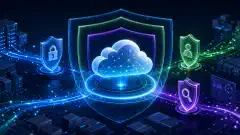 A digital illustration of a cloud surrounded by glowing shields symbolizing security measures, with colorful data streams flowing around it, set against a dark background.