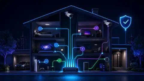 A digital illustration of a modern home network with various connected devices like smart TVs and security cameras, shown interacting within a stylized house outline against a dark background.