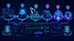 An abstract digital illustration showing a secure DevOps pipeline with visual elements representing code development, automated testing, and deployment, all against a dark background with vibrant colors.