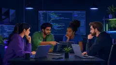A diverse group of software engineers gathered around a table, engaging in discussion and analyzing code on laptops in a modern, collaborative workspace with dark background and vibrant accents.