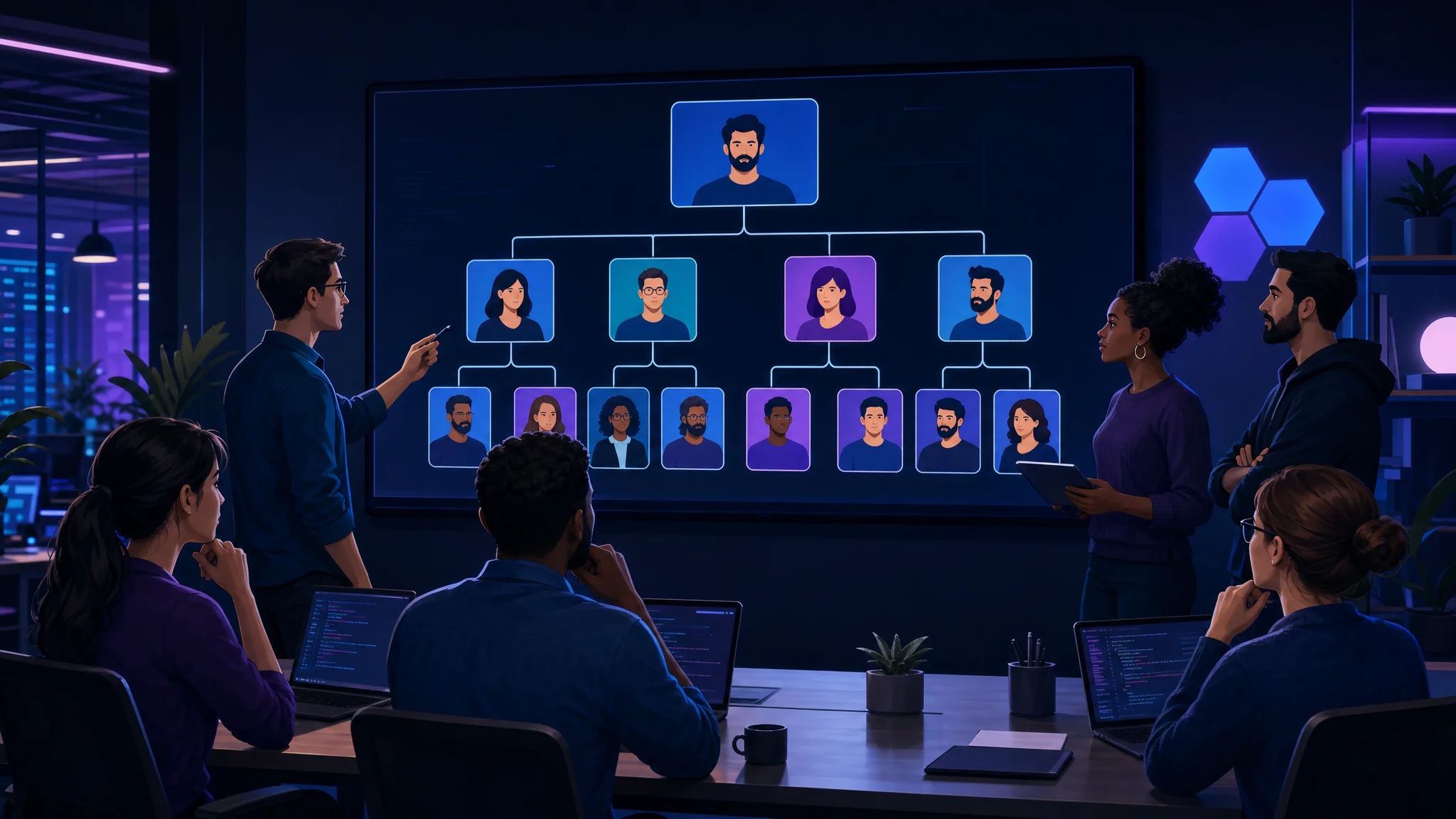 A diverse IT team in a modern office discussing team structure around a digital screen, with a dark background and vibrant colors creating a professional atmosphere.