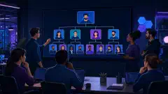 A diverse IT team in a modern office discussing team structure around a digital screen, with a dark background and vibrant colors creating a professional atmosphere.