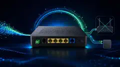 An Azores WAG-D20 ONT device is illustrated against a dark background, with glowing accents highlighting its ports and features. Graphic elements suggest network connections around it.
