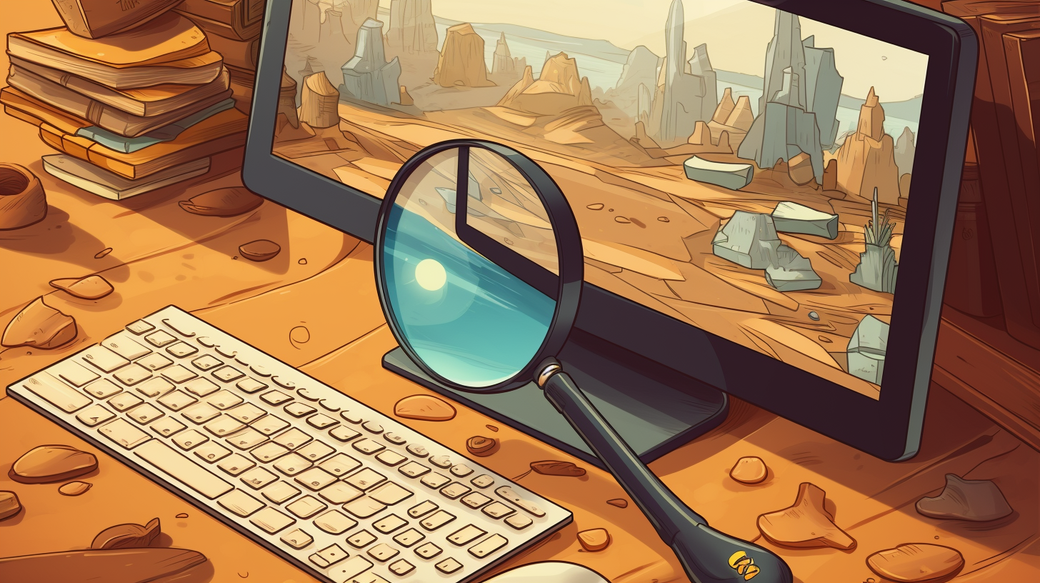 A cartoon-style magnifying glass uncovering hidden treasures on a computer screen.