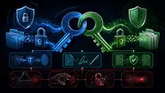 An abstract illustration showing intertwined symmetric and asymmetric cryptography keys, with elements symbolizing hashing and digital signatures, set against a dark background.