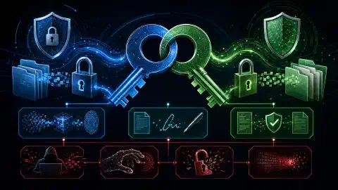 An abstract illustration showing intertwined symmetric and asymmetric cryptography keys, with elements symbolizing hashing and digital signatures, set against a dark background.