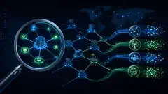 An abstract illustration showing a network structure with nodes and connections, representing various network protocols like NetBIOS and LDAP on a dark background with vibrant colors.