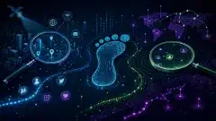 A digital landscape illustration showing elements of cybersecurity footprinting and reconnaissance, including magnifying glasses and interconnecting nodes against a dark backdrop with vibrant colors.