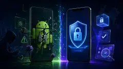 An illustration depicting an Android phone and an iOS device, with visual elements showing vulnerabilities on the Android and defense mechanisms on the iOS. The background is dark with vibrant accents.