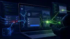 An illustration of a computer screen showing code and web elements under attack, with visual effects like glowing cracks and arrows indicating vulnerabilities, set against a dark navy background.