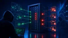 An illustration of a web server rack with glowing highlights indicating vulnerabilities, set against a dark background. Abstract representations of hacking tools are also visible.