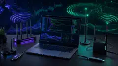 An illustration of a hacker's workspace with a laptop displaying code, surrounded by wireless devices like routers and antennas emitting signal waves, set against a dark background.