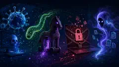 An illustration showing different types of malware, including viruses, worms, Trojans, and ransomware, represented in a colorful, abstract way against a dark background.
