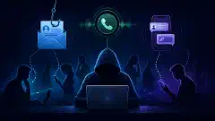 An illustration showing a hacker at a computer with visual symbols of phishing emails and phone calls, surrounded by silhouettes of individuals representing social engineering vulnerabilities.