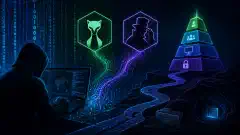 A digital illustration showing a computer terminal with flowing binary code, stylized icons representing hacking tools, layered structures for access levels, and hidden files, all on a dark background.
