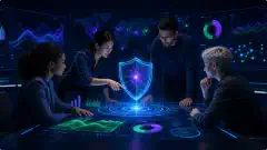 A diverse group of cybersecurity professionals around a holographic display showing colorful graphs and charts related to vulnerability analysis, set against a dark background.